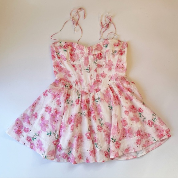 Bardot Dresses & Skirts - Bardot Elsie Floral Corset Mini Dress Pink Ramie Tie Strap Size 8